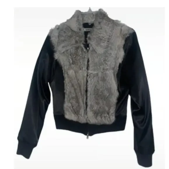 Bebe black and gray rabbit fur long sleeve zip up jacket size medium - Picture 3 of 8